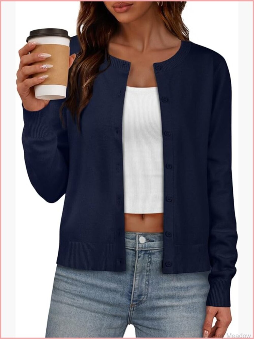 Crew Neck Long Sleeve Button Down Knit Cardigan Lightweight Spring